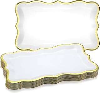 Havawish 24 Pcs 9" x 13" Gold Disposable Serving Trays and Platters Food Platters for Parties White Trays Cupcake Platter Bandejas Decorativas para Fiestas for Birthday Party Weddings