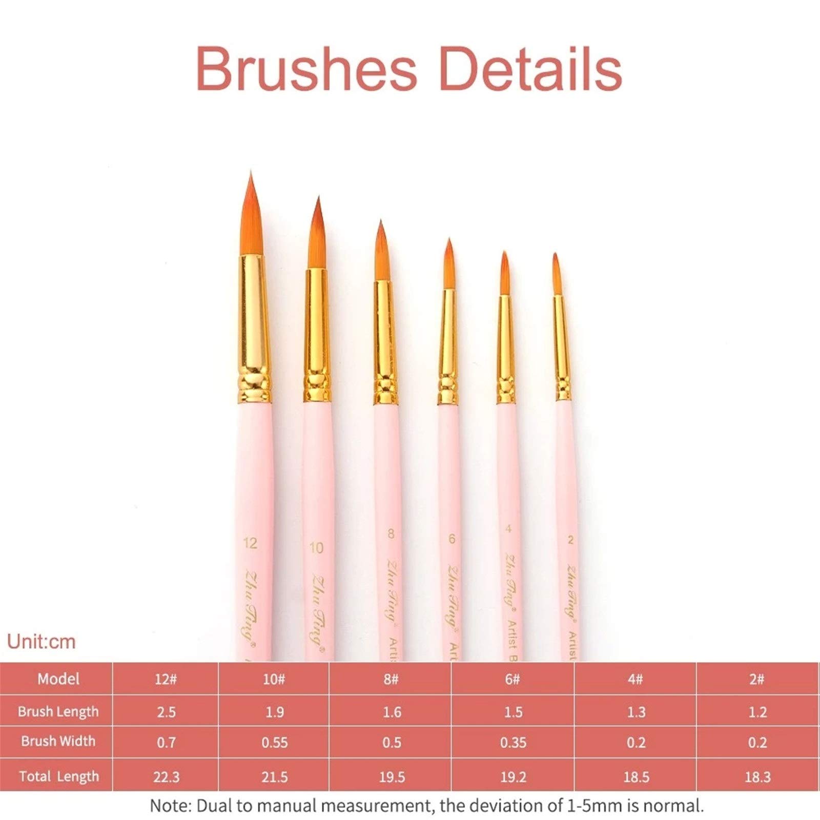 Ensembles de Pinceaux 6pcs Art Pinceau Stylo Plat Rond Pointe Peinture Professionnelle pour Débutants et Professionnels(Rose)