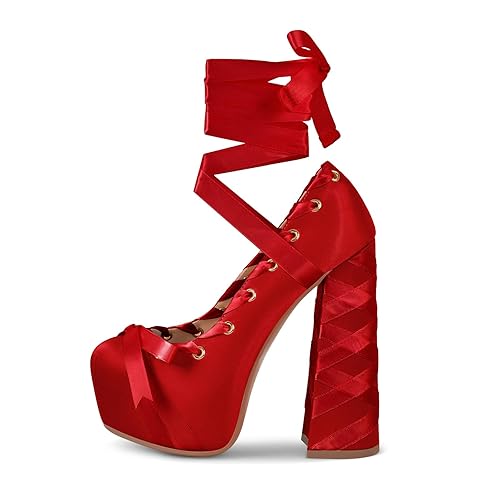 onlymakerheels Platform Heels Chunky Bow Ribbon Pumps - 7 - Red a