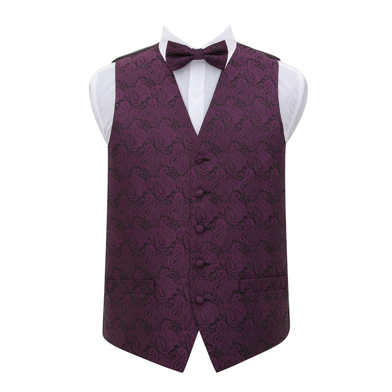 DQT Men's Paisley Wedding Waistcoat, Bow Tie, Pocket Square and Cufflinks 4pc Set - Purple 38"