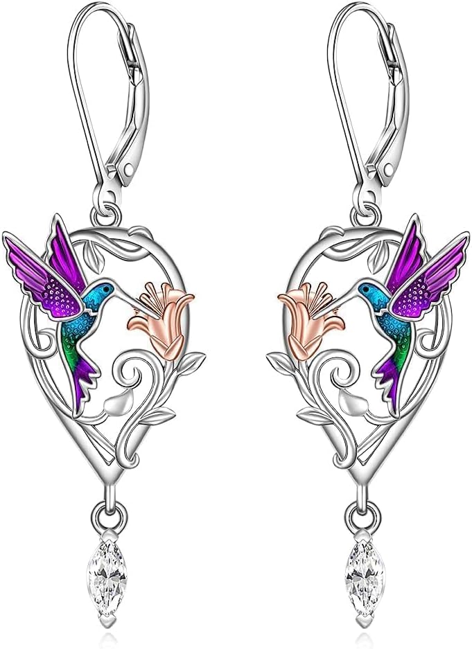 Hummingbird Earrings Purple Hummingbird Earrings for Women Sterling Silver Flower Teardrop Zircon Dangle Bird Jewelry Memorial Mothers Day Christmas Healing Gifts