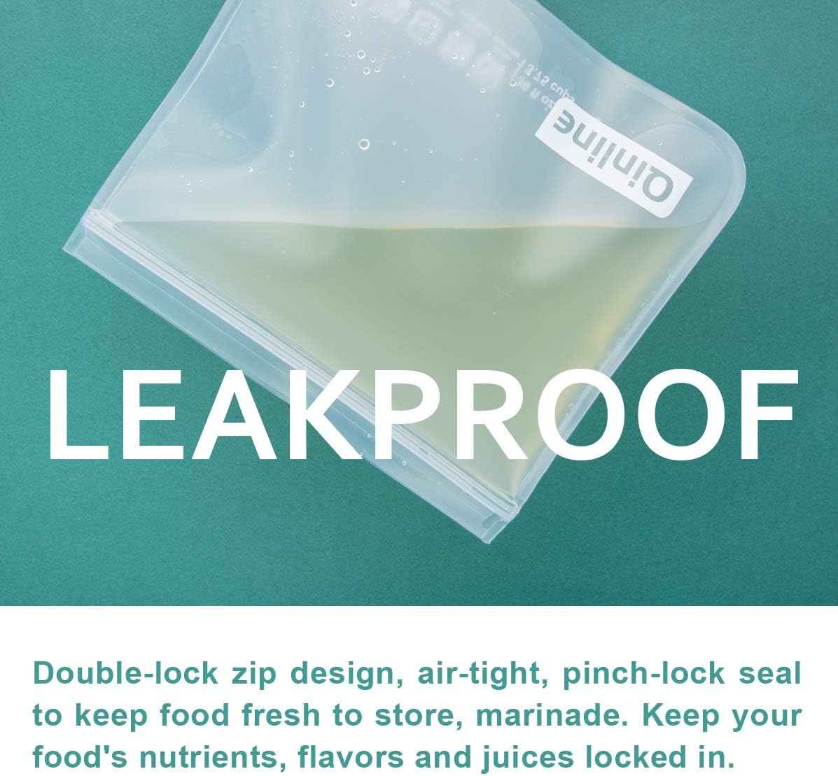 Close-up of a Qinline bag showing its leakproof seal with liquid inside