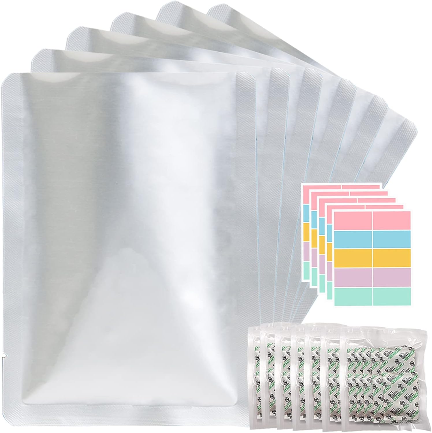 50pcs 1 Gallon Mylar Bags for Food Storage with Oxygen Absorbers 500CC (6 Packs of 10pcs) and Labels, 9.5 Mil 10″x14″ Vacuum Sealer Bags Heat Sealable Bags for Long Term Food Storage(Extra Thick）
