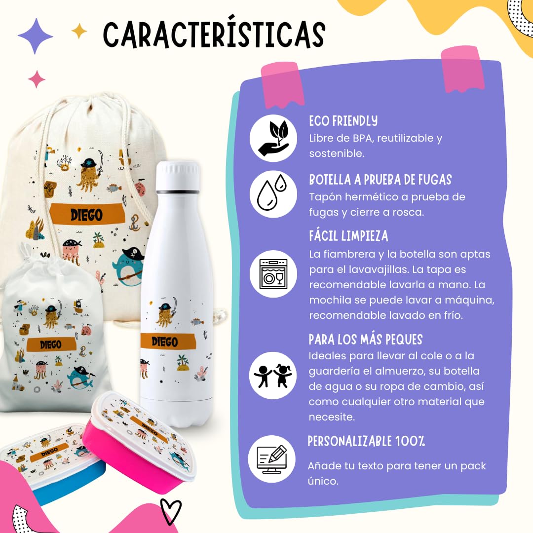 Pack vuelta al cole piratas botella personalizada + mochila saco personalizada + fiambrera personalizada + bolsa merienda personalizada con texto para el colegio o guardería. Libre de BPA