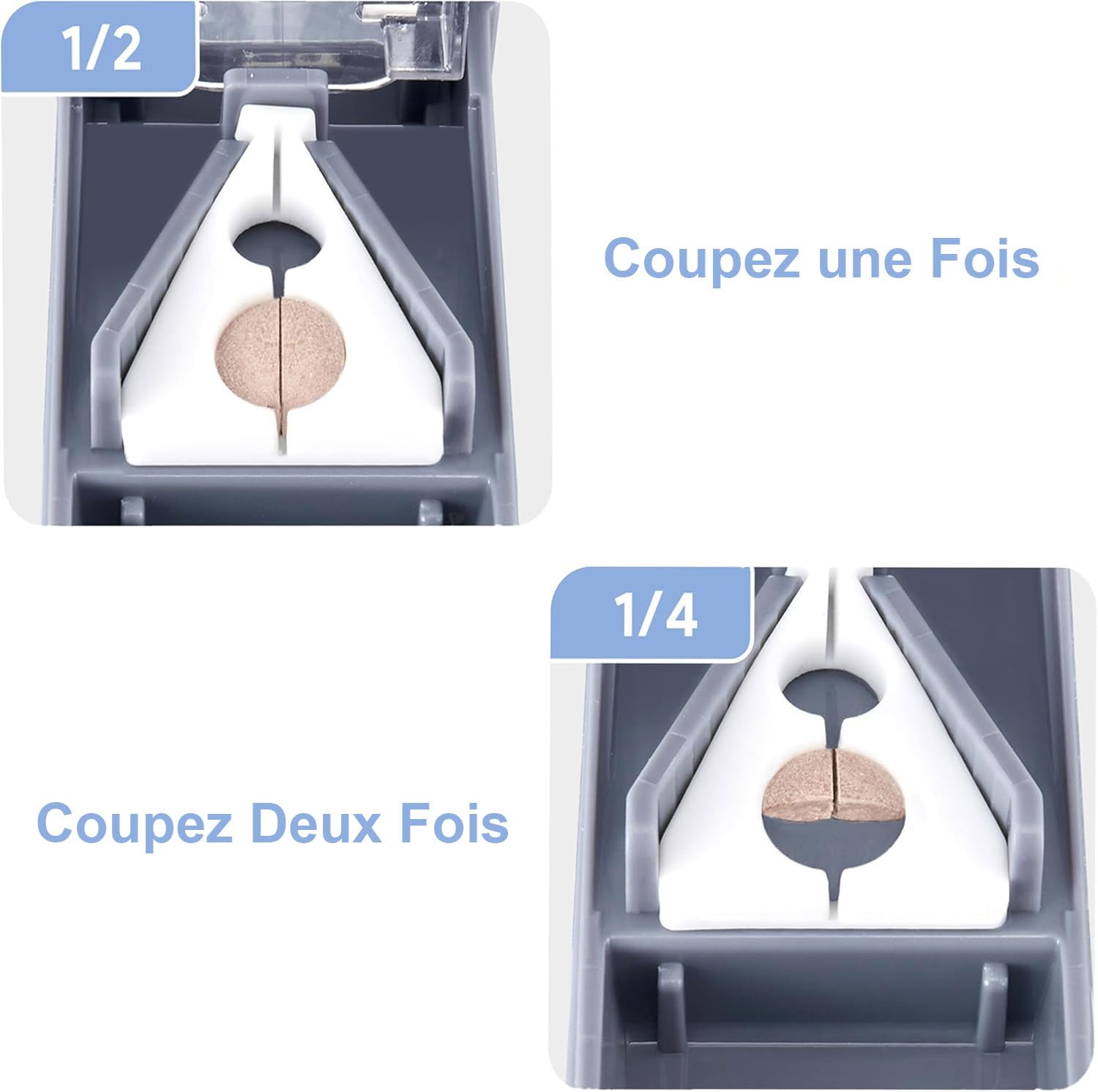 Fullicon Coupe-Comprimés avec 7 Supports en Silicone, Coupe-Comprimés pour Petits Comprimés avec Alignement Précis, Lame en Acier Inoxydable & Protection de Lame 2 Boîtes à Pilules Offertes (Gris)