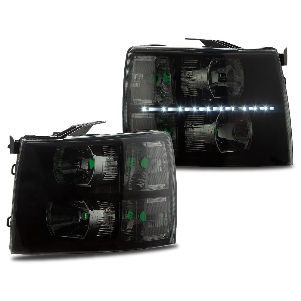 Photo 1 of GRAND ORANGE LED DRL STRIP Headlight Assembly Compatible with 2007-2013 Chevy Silverado 1500/ Fit 2007-2014 Silverado 2500 3500 2500HD 3500HD Headlights Smoke Lens Black Housing Clear reflector Tea cover black frame white reflector