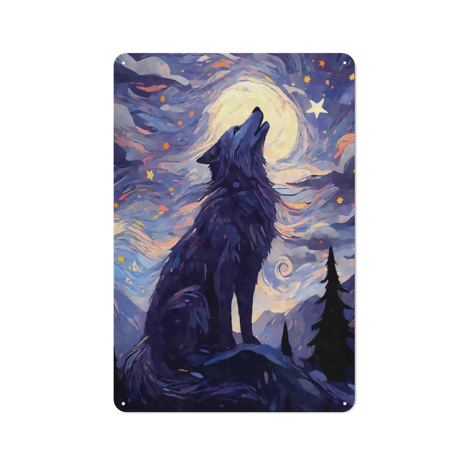 Junmoney Style-1 Howling Wolf Starry Night Retro Metal Sign 30X20cm, Distressed Look Retro Room Decor For Living Room, Hallway, Kitchen Or Cafe