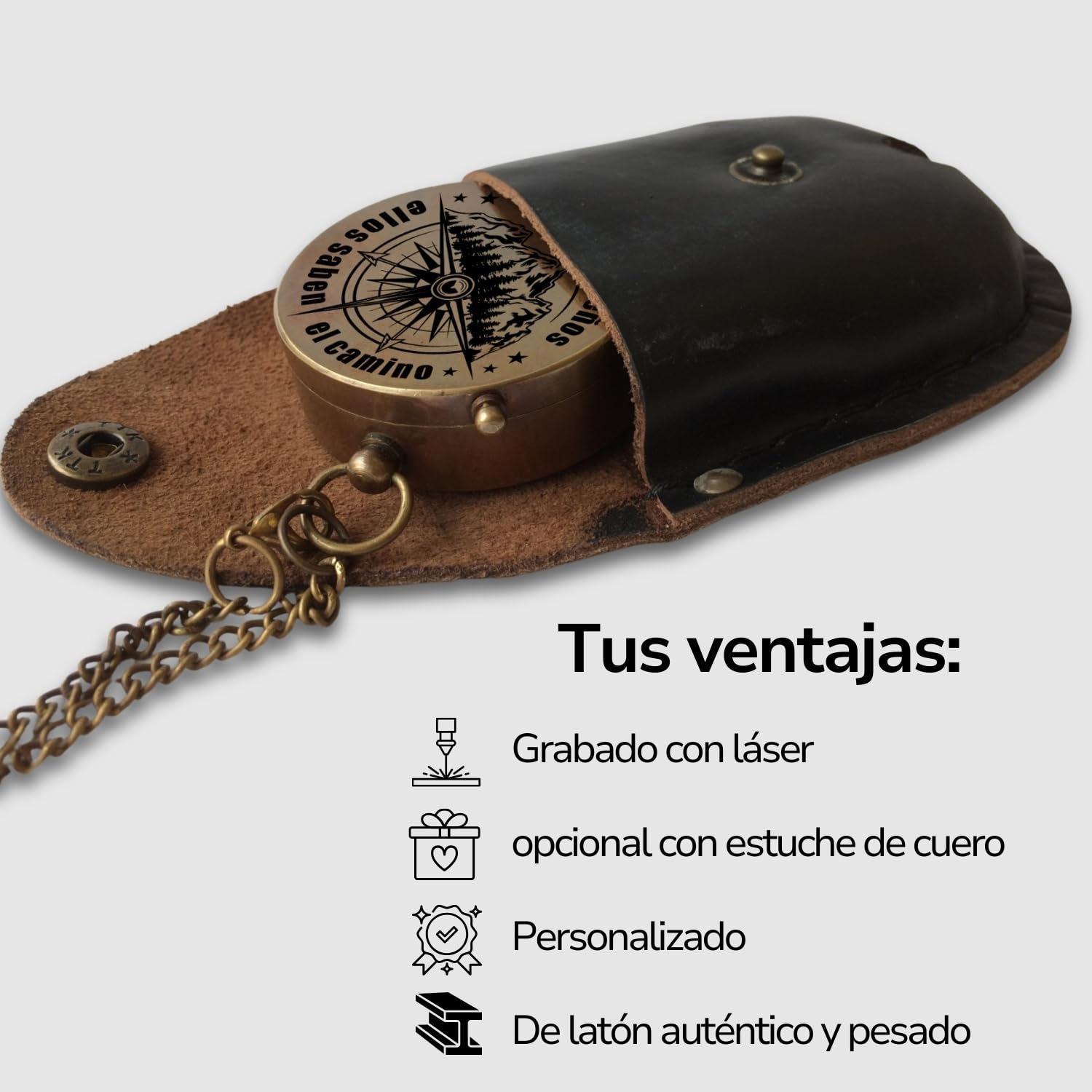 Brújula personalizada con grabado personalizable y texto personalizado, varios diseños, piel de latón, caja de regalo, gran idea de regalo