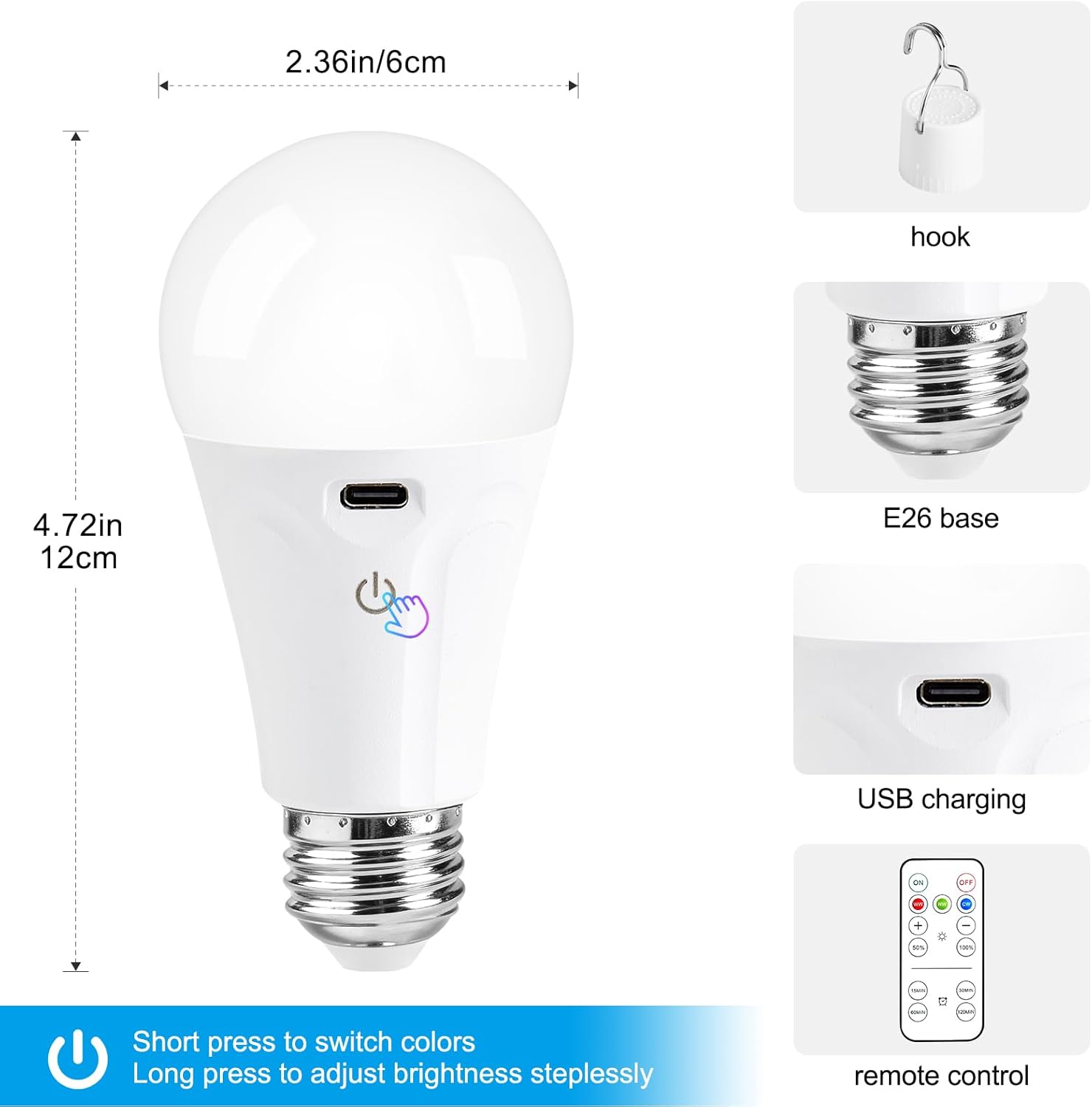 Powfloven Rechargeable Light Bulbs with Remote Control and USB Charging; Dimmable Battery Operated Light Bulb with 3 Colors and 4 Timer; A19 Wireless Light Bulbs for Wall Sconce Not-Hardwired, 2 Pack