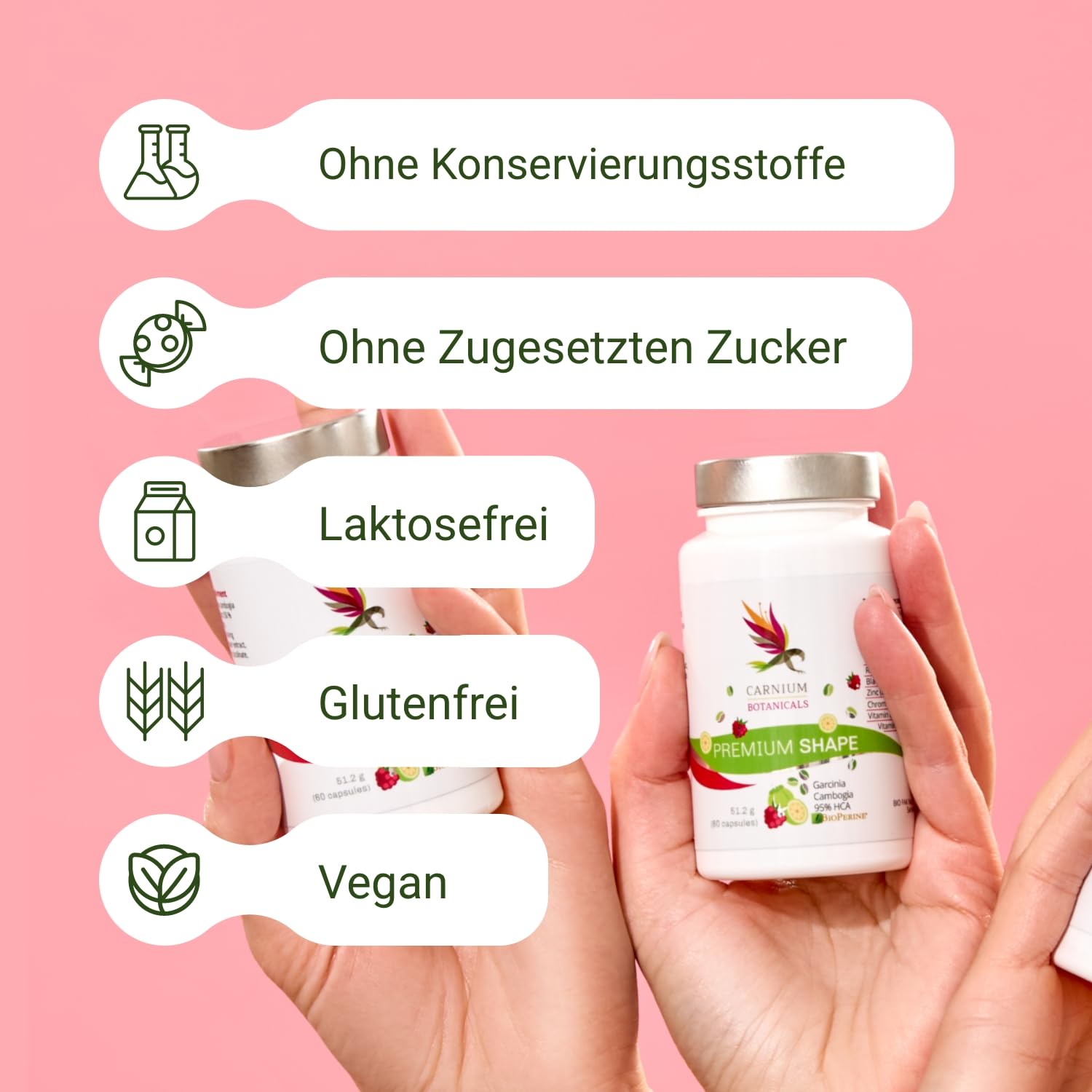Carnium Botanicals Premium Shape – Glucomannan Kapseln, 60 Stück | Garcinia Cambogia, Grüner Kaffee, Schwarzer Pfeffer, Vitamine B12 & B6, Vegan und Glutenfrei