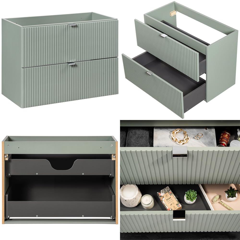 Lomadox Badmöbel Set 6-teilig mit 80cm Waschtisch, grün und Eiche, gerillte Front, hängende Montage, geringe Tiefe 40cm