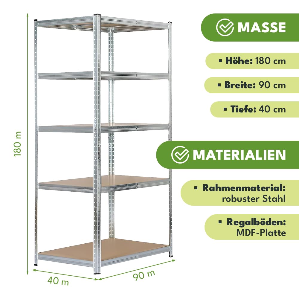 KRUMAD Étagère pour charges lourdes, 180 x 90 x 40 cm, à 5 tablettes en MDF, capacité de charge de 875 kg, en métal, pour garage, cave, atelier, sans vis, réglable en hauteur, système d'étagère stable