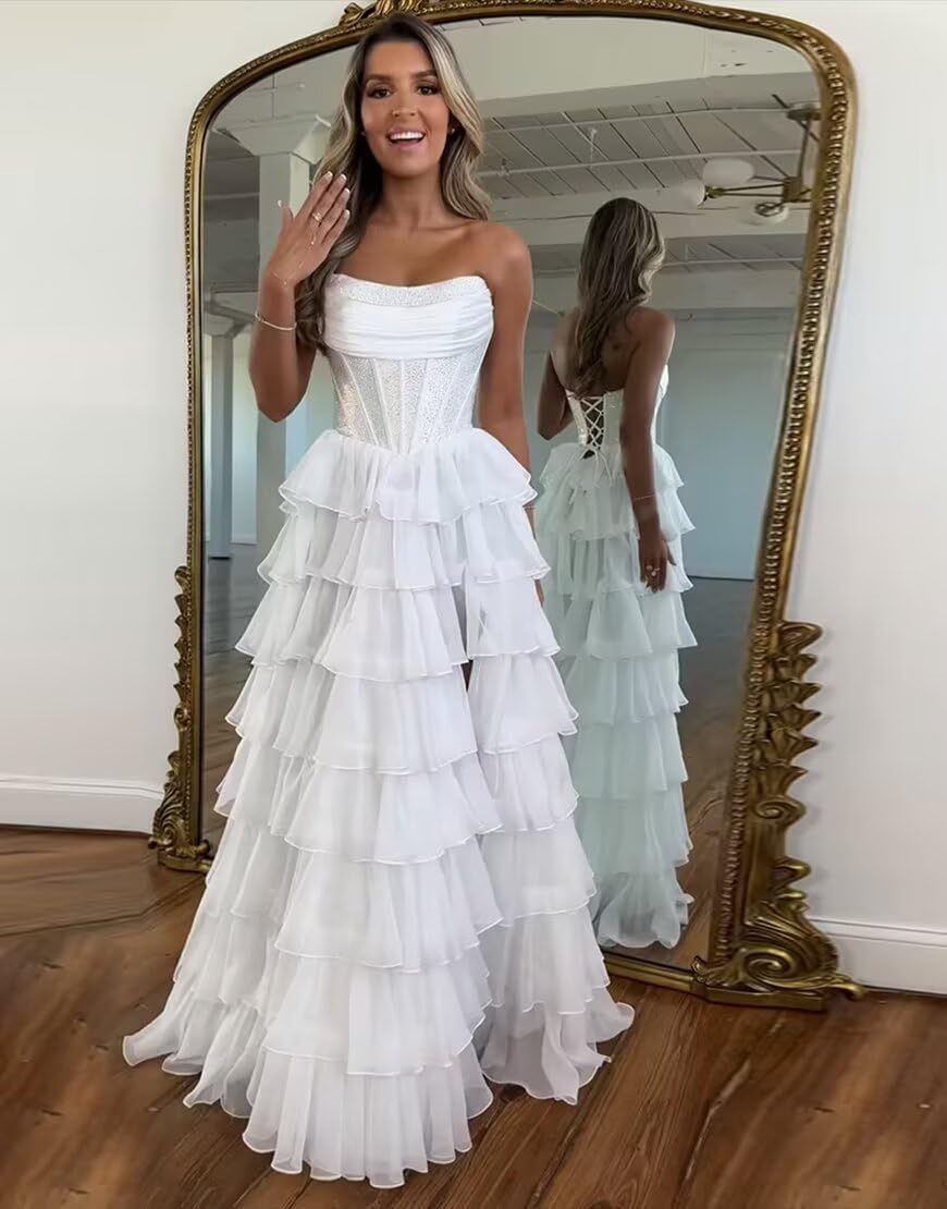 Cudiew Sequin Strapless Corset Prom Dress for Women 2026 Chiffon Tiered Maxi Formal Evening Party Dress with Slit - Image 5