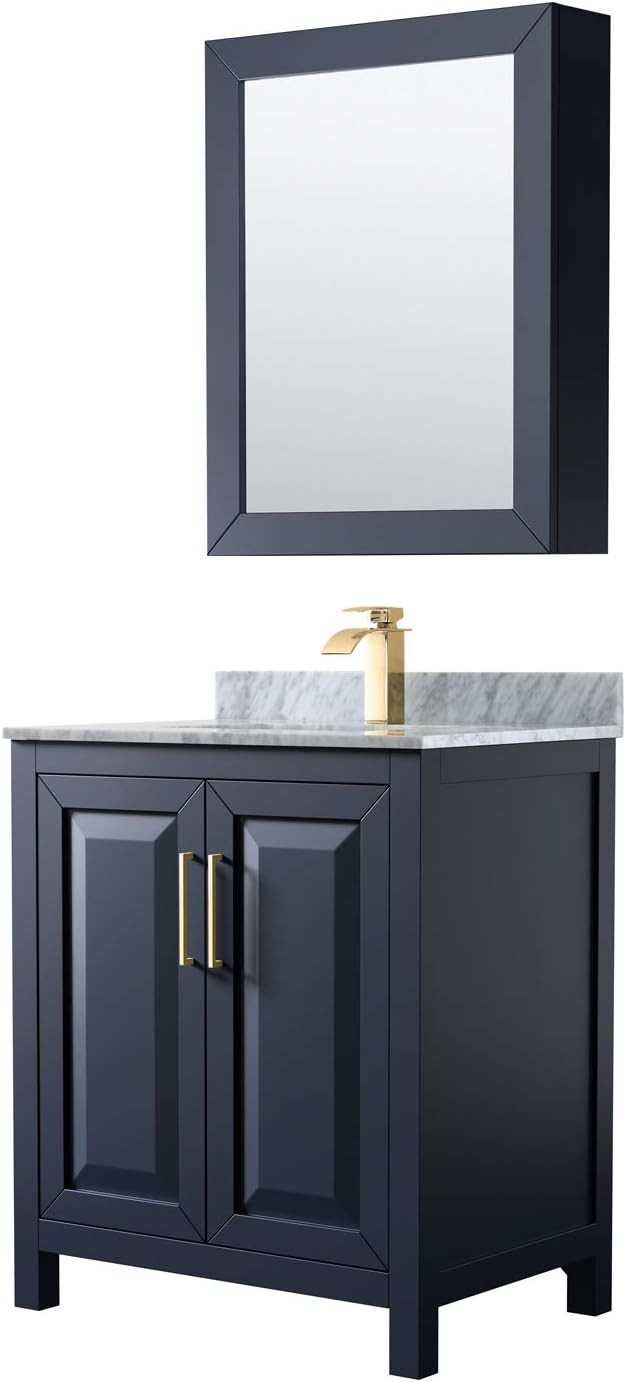 Daria 30 Inch Single Bathroom Vanity in Dark Blue, White Carrara Marble Countertop, Undermount Square Sink, Medicine Cabinet