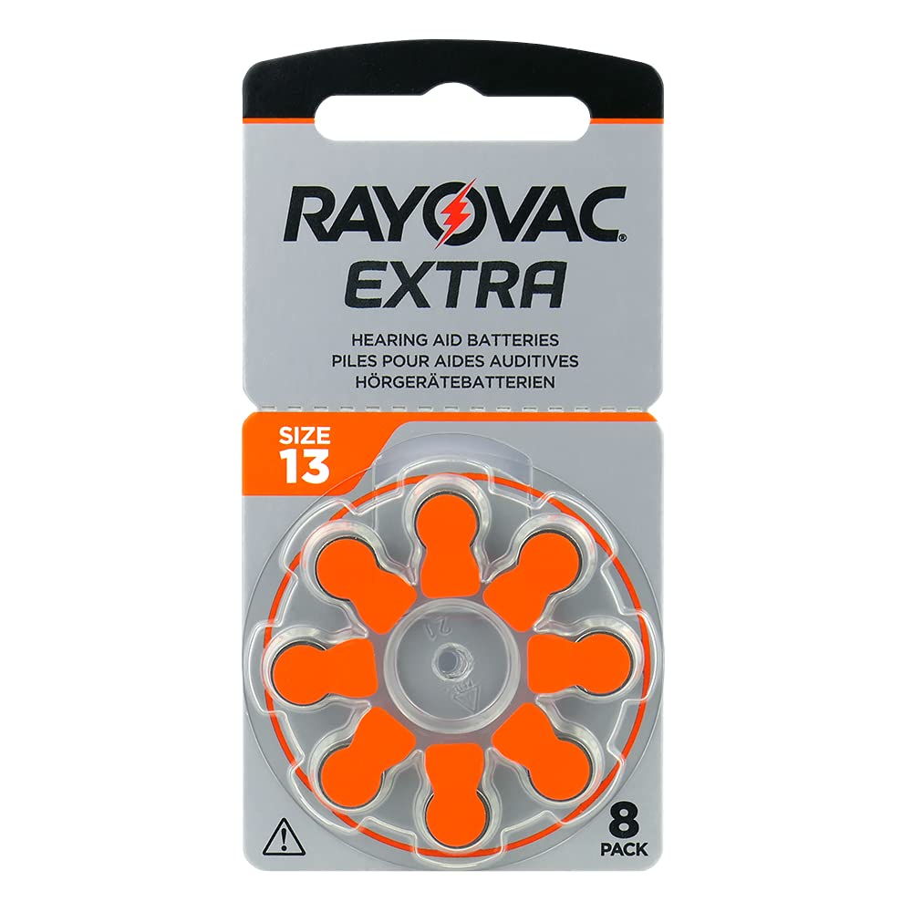 Extra 13, 8 Pack, Hearing Aid Batteries, High Performance, Zinc Air Batteries, 1 Blister Card, Orange, 13AUX-8XEMF