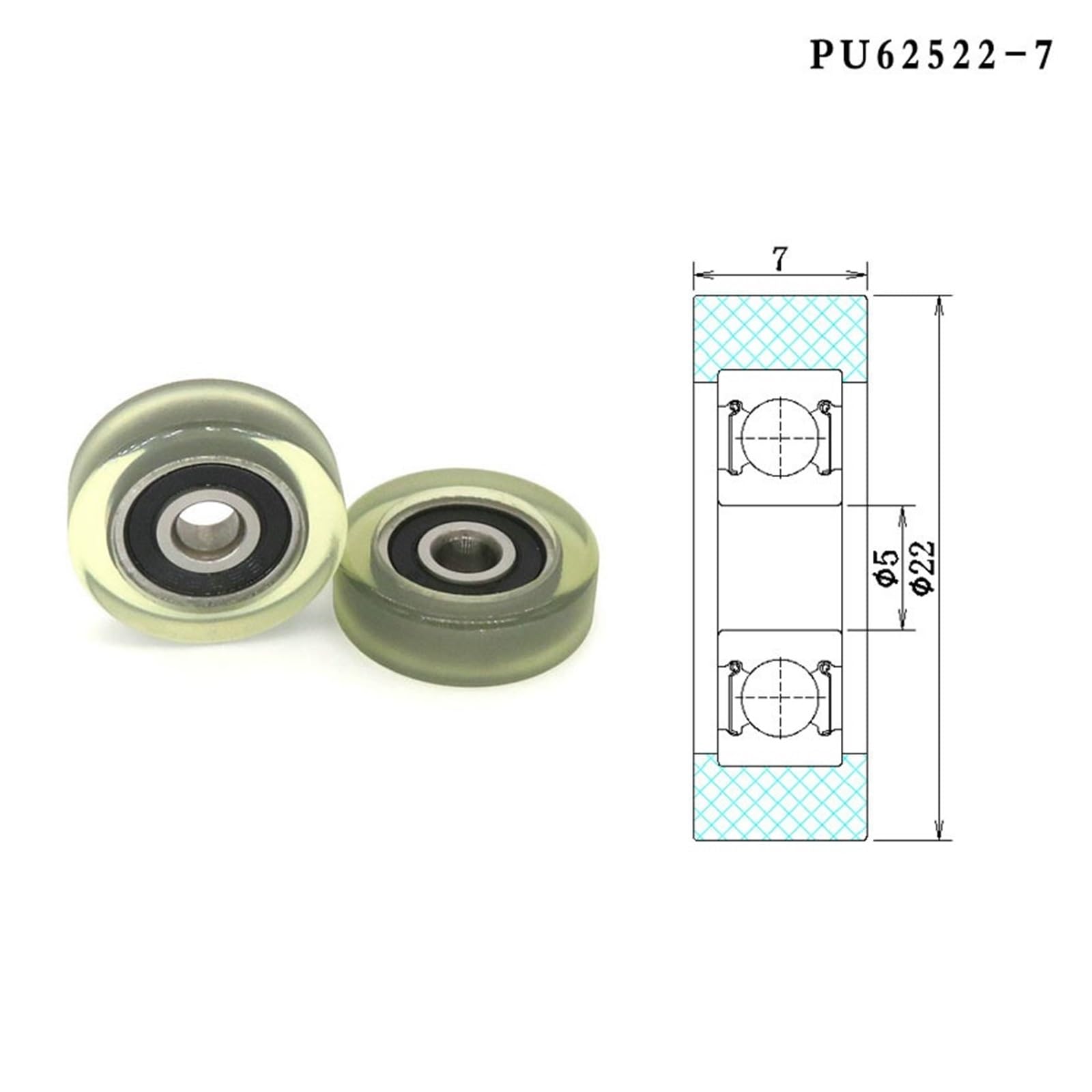 5 sztuk rolek 5 x 22 x 7 mm powlekanych poliuretanem z łożyskiem 625RS PU62522-7, średnica zewnętrzna 22 mm, witryna do szuflad poliuretanowych, bezgłośne koło pasowe o niskim tarciu (PU62522-7)