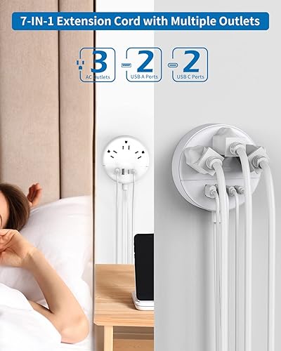 Miniatura 5 de NTONPOWER - Cable de extensión plano de 15 pies, regleta de alimentación de enchufe plano con 3 tomas, 4 puertos USB (2 USB C), cable de extensión