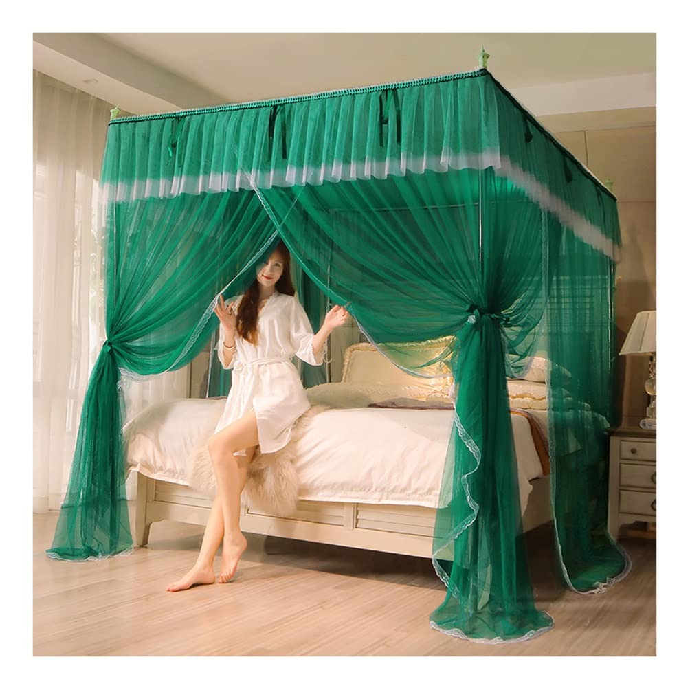 Moustiquaire de lit à baldaquin vert 180x200 pour chambre de princesse avec 4 poteaux d'angle