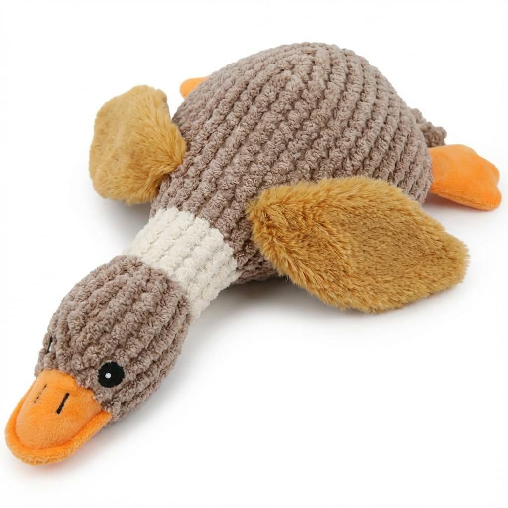 Inevitable Waffle Style Duck Dog Toy, Plush Squeaker Toy with Soft Ears and Feet, 32x8x11cm, Polyester Material (Brown)