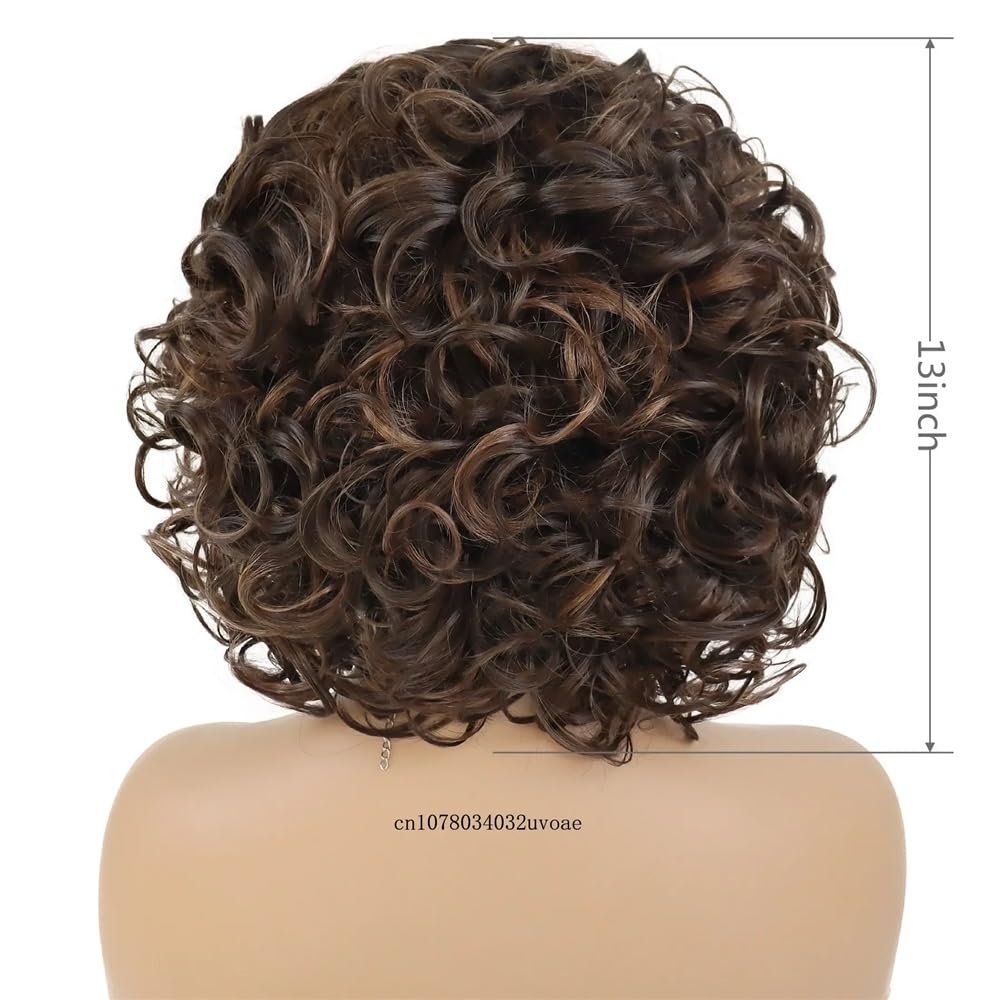 Krótka brązowa peruka dla kobiet, puszyste kręcone syntetyczne włosy, peruka z boku, mieszany blond, ombre blond, naturalne peruki na Halloween (Silver Grey)