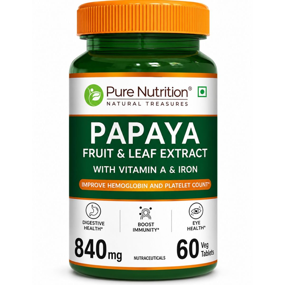 Pure Nutrition Papaya Leaf & Fruit Extract, 60 Veg Tablets | With Vitamin C & Iron for Platelet Count, Dengue Relief, Immunity Boost & Better Digestion-image-7