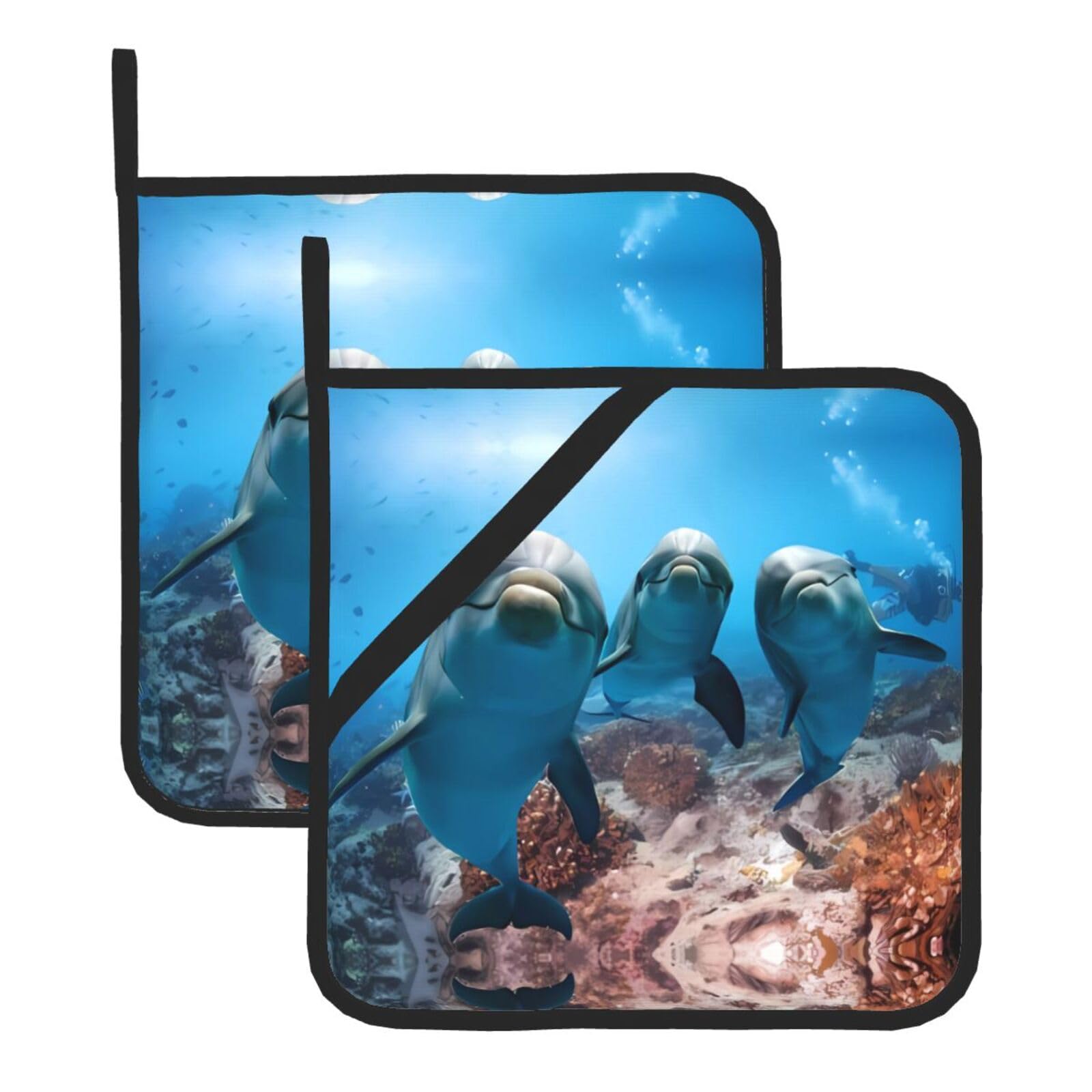 WHJSSF Funny Dolphin Looking at You Prints Square Pot Holders - Heat Resistant Kitchen Trivets 2-Pack - Waterproof Covers for Hot Dishes, Oven & Grill with Hanging Loop