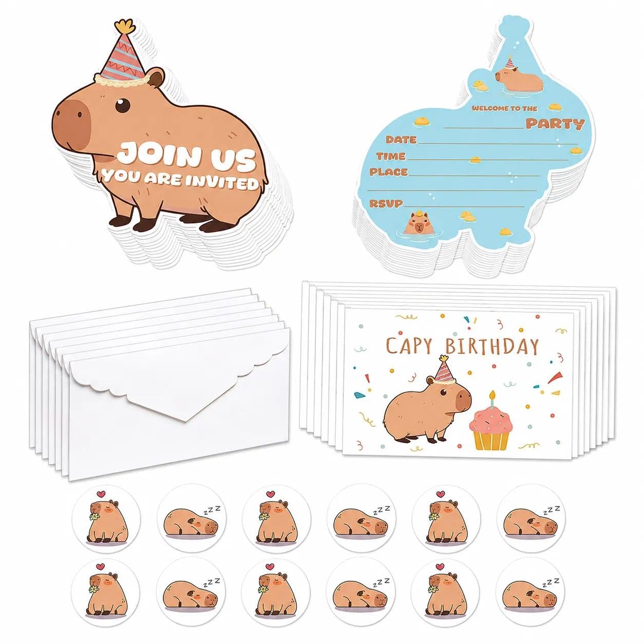 12 Set Capybara Birthday Party Invitations Card with Envelopes and Stickers for Party Invites, Capybara Birthday Card for Kids, Girls and Family Gatherings