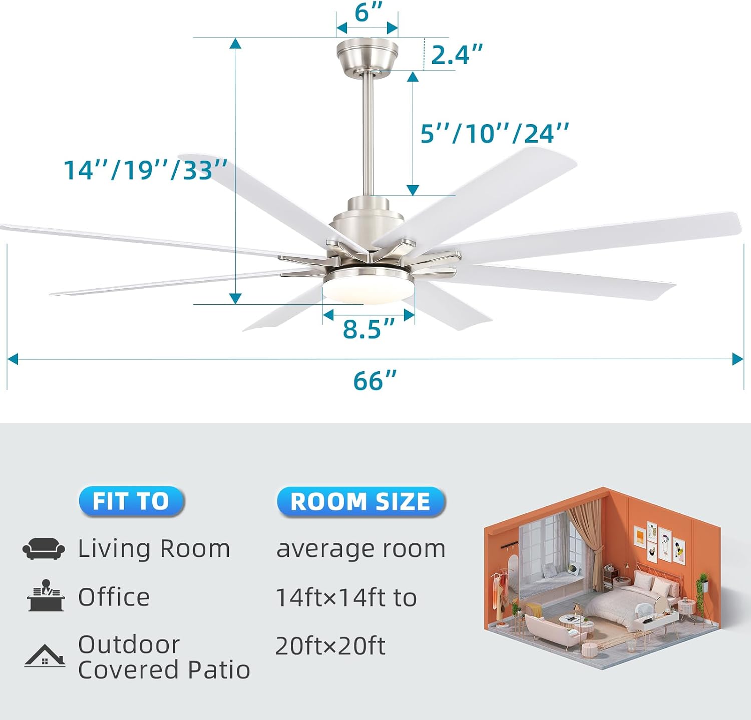 Sofucor 66 Inch Smart Ceiling Fan with Lights and Remote, Modern Ceiling Fan with APP Control, Compatible with Alexa/Google, 6 Speeds 7000CFM, Quiet, Dimmable, for Living Room Bedroom, Silver+White 7 61seAOuYPyL. AC SL1500