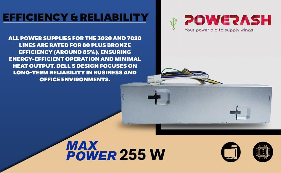 Image of Power Supply SMPS 255W for Dell Optiplex 3020 7020 9020 SFF Desktop PC Replacement Unit Compatible with L255P-01 VH9D7 Reliable Durable Computer Component for Business, Home & Office