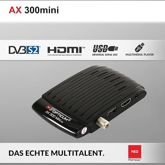 RED OPTICUM AX 300 Mini Satellite Receiver - Digital HD Satellite Receiver - External IR Sensor with LED Display - HDMI - USB - PVR - 12 V Power Supply Ideal for Camping