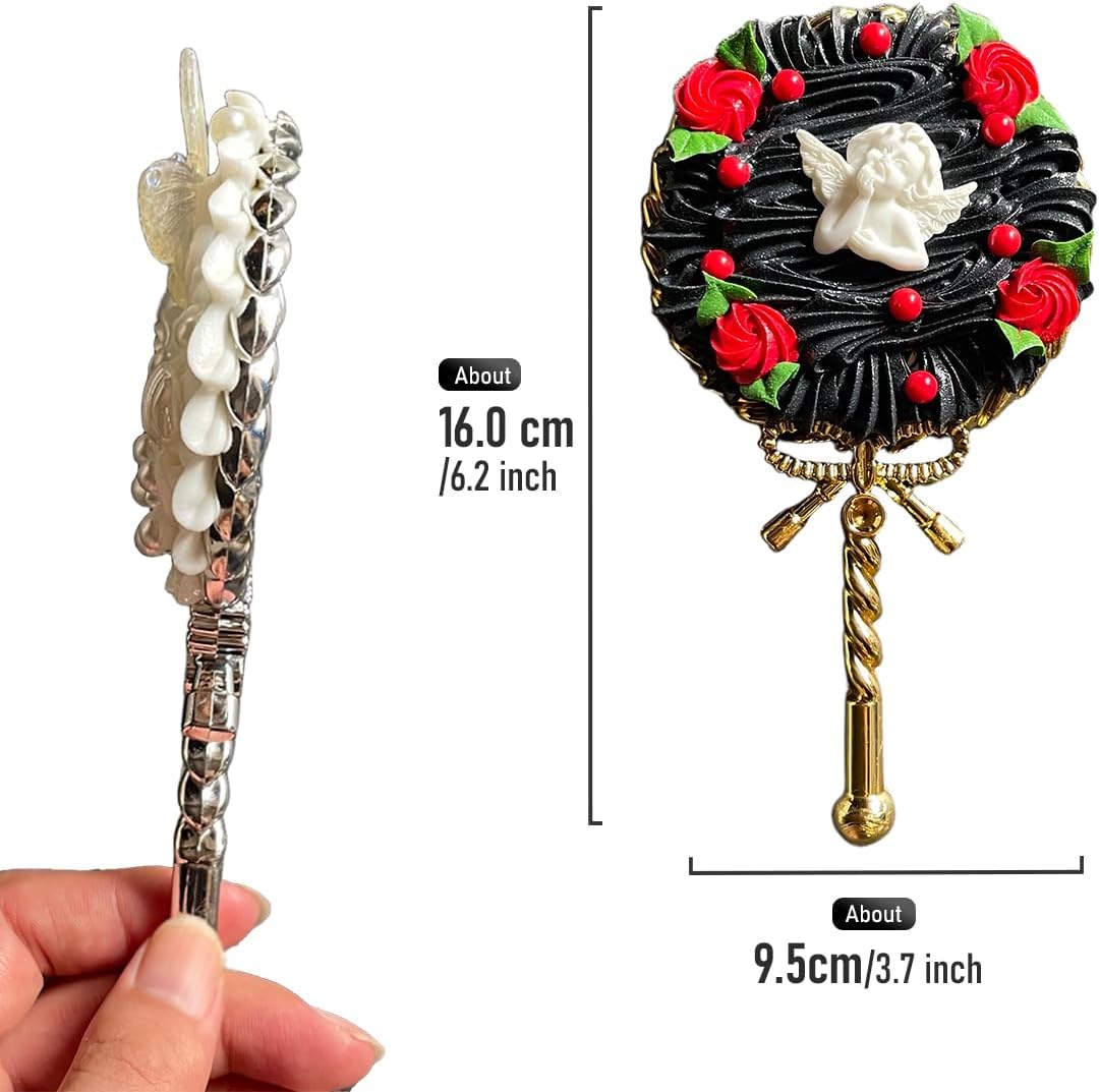 Flower Cake Strawberry Cupid Hand Mirror,Vintage Handheld Mirror,Fancy & Pretty Princess Mirror with Long Handle,Gift for Girls & Women (Strawberry)