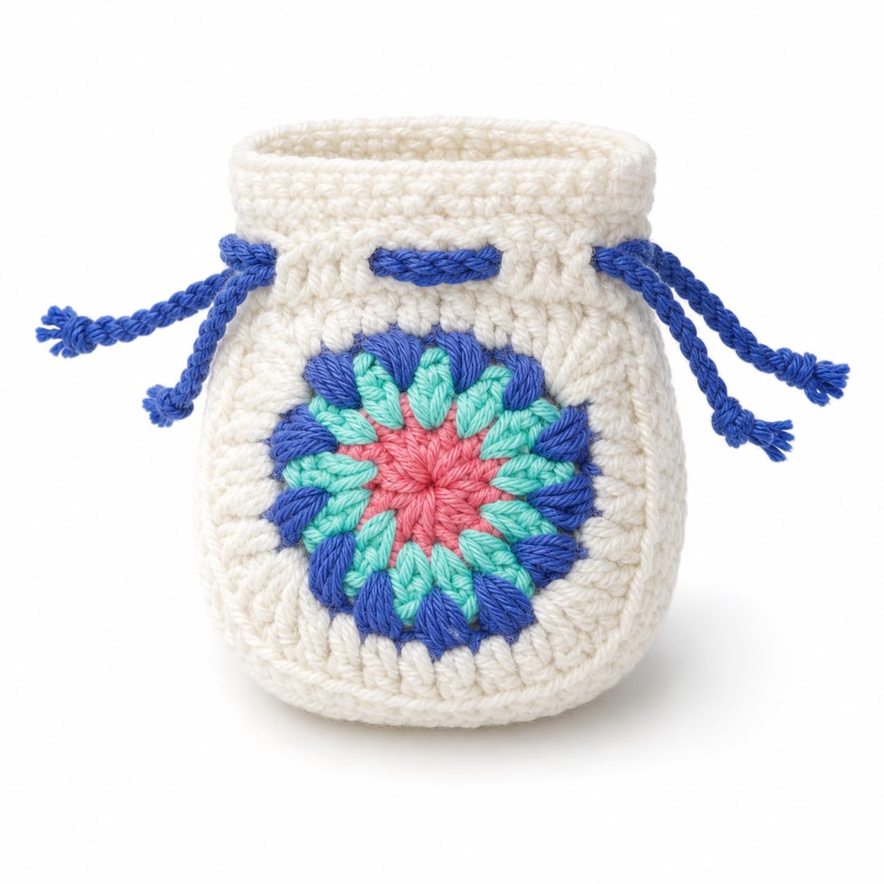Handmade Crochet Pouch for Earbuds Cases, Mini Drawstring Potli for Earbuds, Coins, Rings and USB Drives, Soft Acrylic Cotton Yarn, Cream Blue Mint Coral-image-20