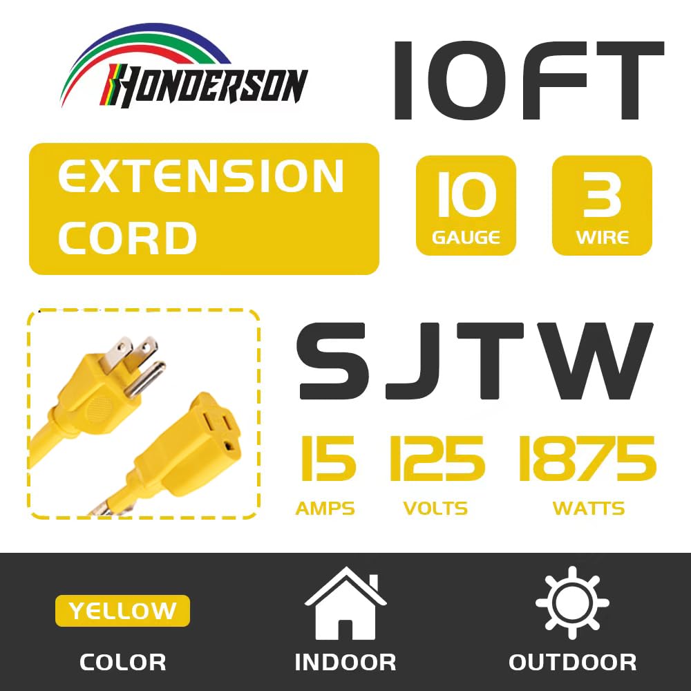 Cable de extensión para interiores y exteriores, resistente a la intemperie, con certificación UL, calibre 10 de 10 pies, color amarillo, 3 puntas, cable de extensión de alimentación SJTW