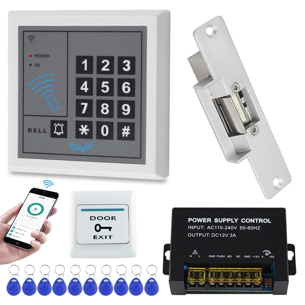 Pełny system kontroli dostępu RFID WiFi Tuya Kontroler dostępu Klawiatura NC Typ Elektryczna blokada udarowa 12 V DC Przycisk wyjścia-10 szt. 125 kHz pola przycisków RFID
