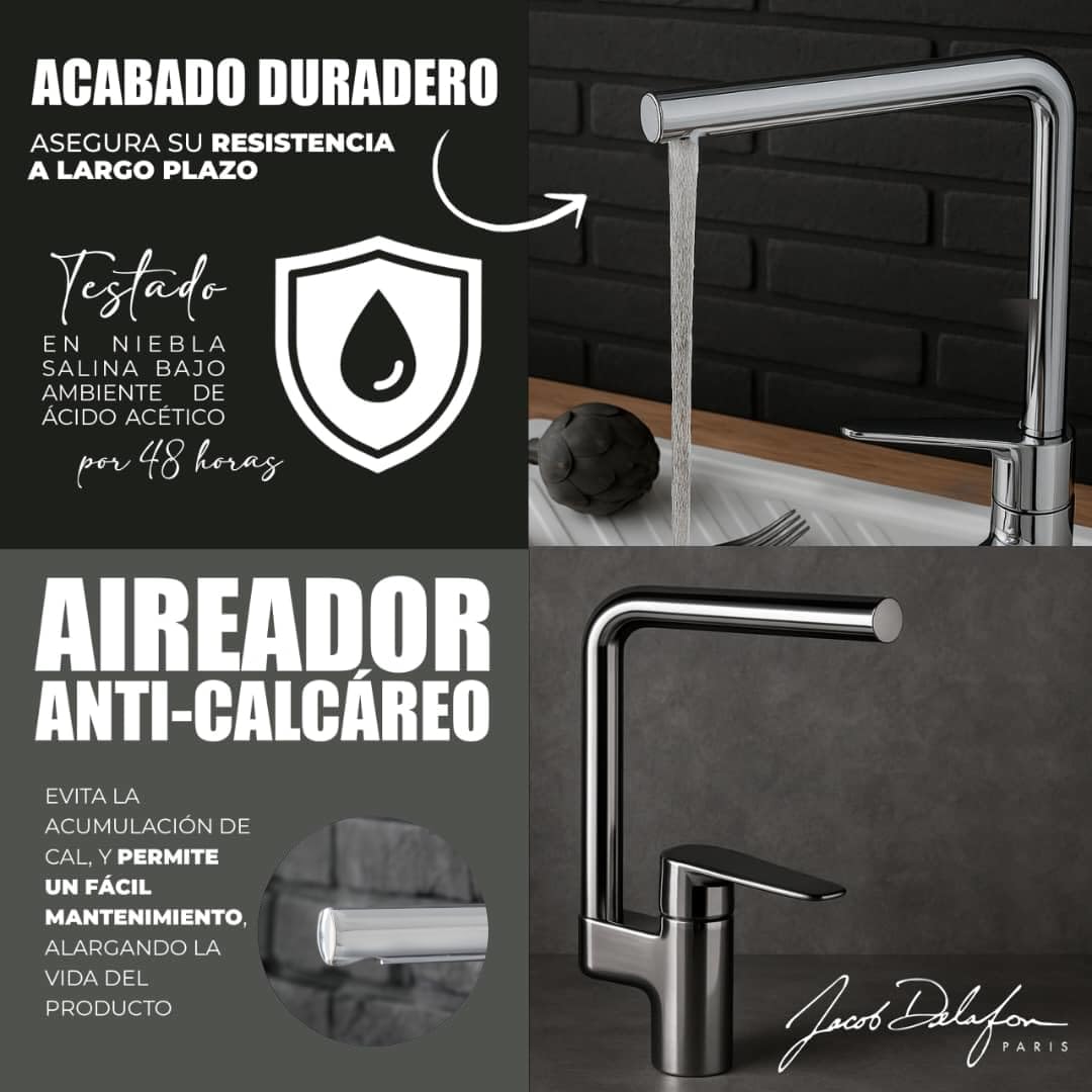 Jacob Delafon - Robinet de cuisine évier Aleo, pivotant à 360° avec aérateur anticalcaire, économie d'eau et haute durabilité, tuyaux installés et montage rapide, monocommande, E72360-CP