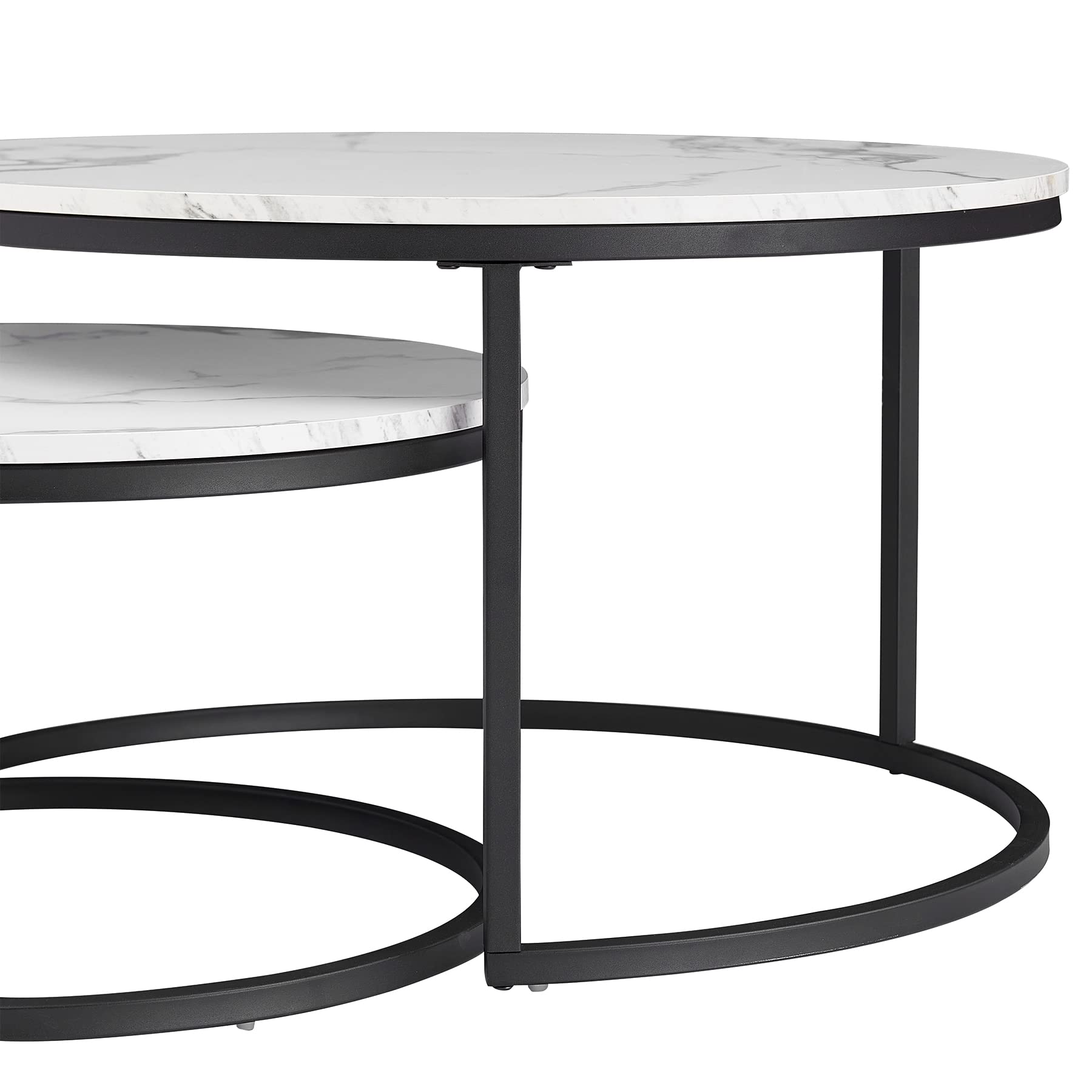 Lot de 2 Tables Basses Gigognes Blanc avec Cadre Doré ; Tables Basses Rondes Modernes pour Salon, Chambre, Balcon, Bureau. Grande: 80 * 80 * 45cm; Petite:60 * 60 * 35cm (Blanc+Noir)