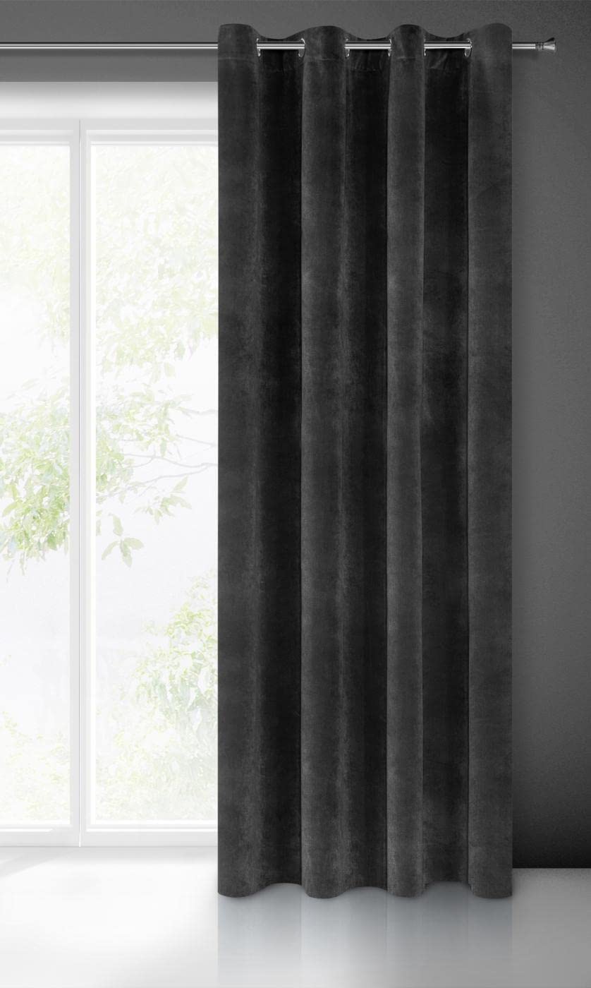 Eurofirany Villa Cortina Opaca Terciopelo con Ojales-1 Unidad, Panel, Suave, Clásico, Elegante, Salón, Dormitorio, Gruesa 290 g/m², Poliéster, Negro, 140x250 cm