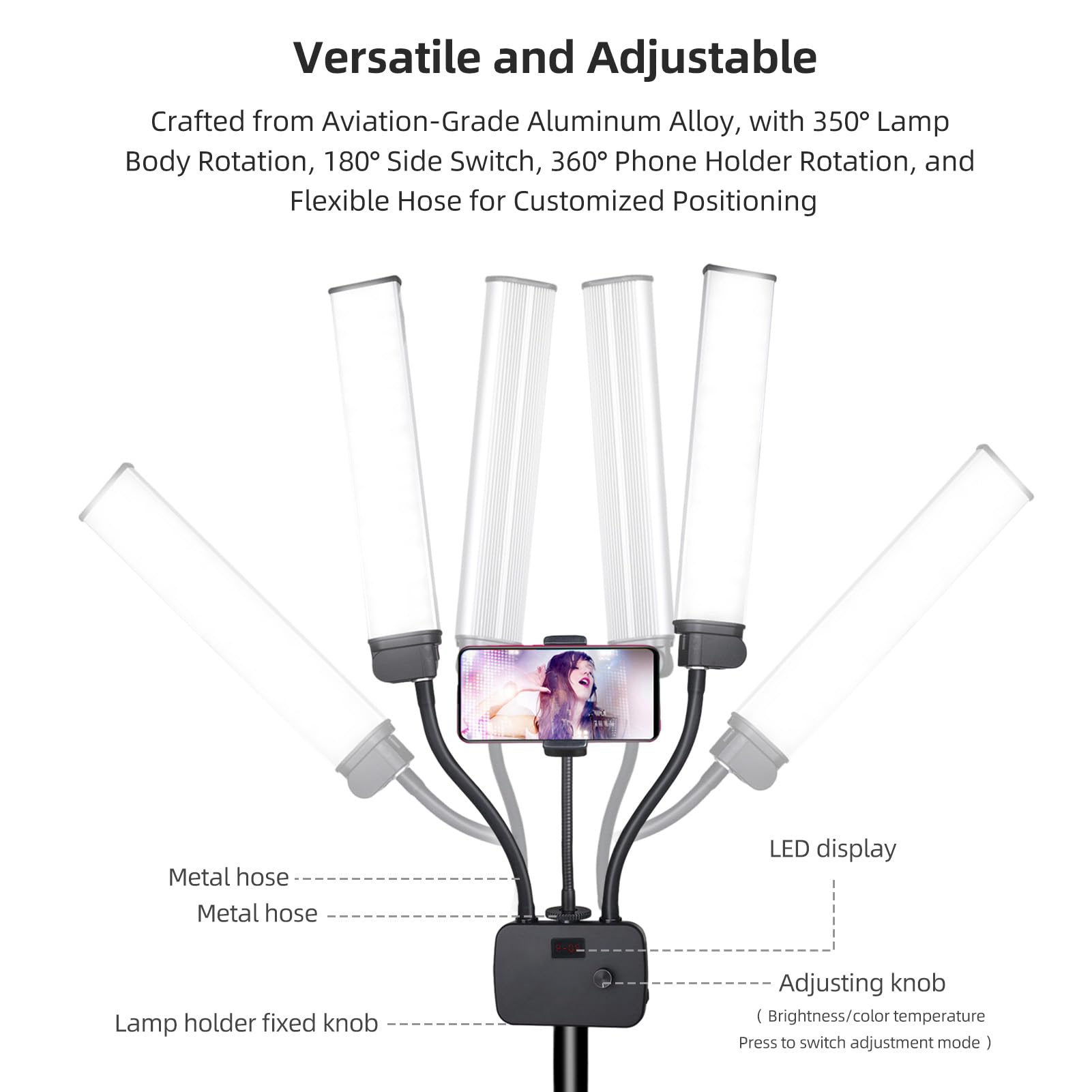 Andoer Lampada per tatuaggi da 50 W, lampada per ciglia, luce per cosmetici, luce video a LED con treppiede (39 – 200 cm), intensità luminosa (10% – 100%), 3000 – 6500 K, CRI 90+ per trucco