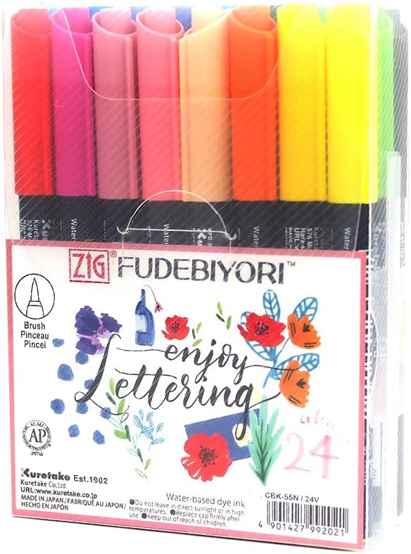 Kuretake ZIG FUDEBIYORI Brush Pens 24 Colors set, AP-Certified, Odourless, Xylene free, Flexible Hard brush tip, Effective for both details and larger spaces, Portable, Professional quality,