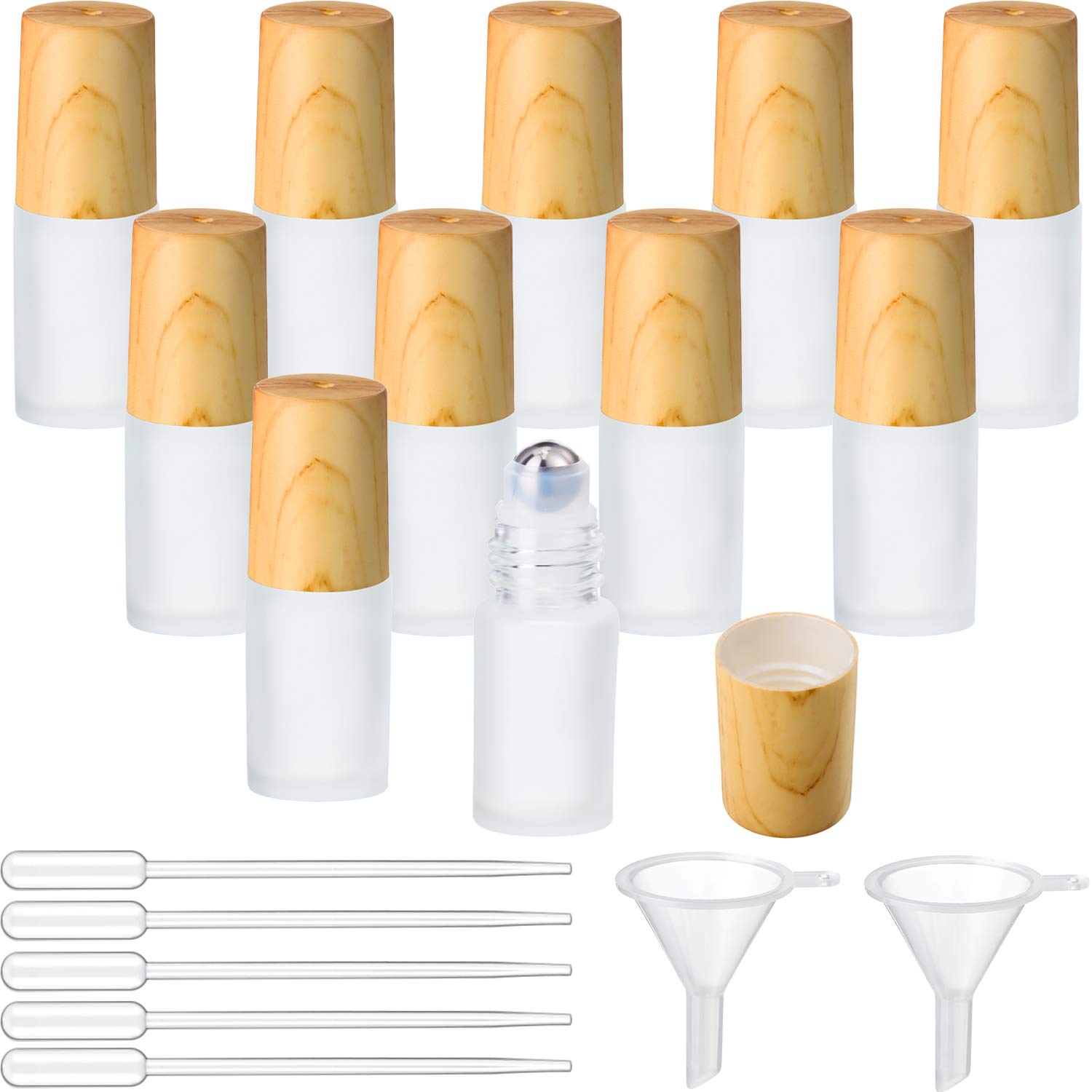 10 Piece Frosted Glass Roller Bottle Bulk with Imitation Wood Grain Plastic Cap for Essential Oils Roll-on Bottle with Stainless Steel Roller Ball, 10 Piece Plastic Pipette and 2 Piece Funnel (5ml)