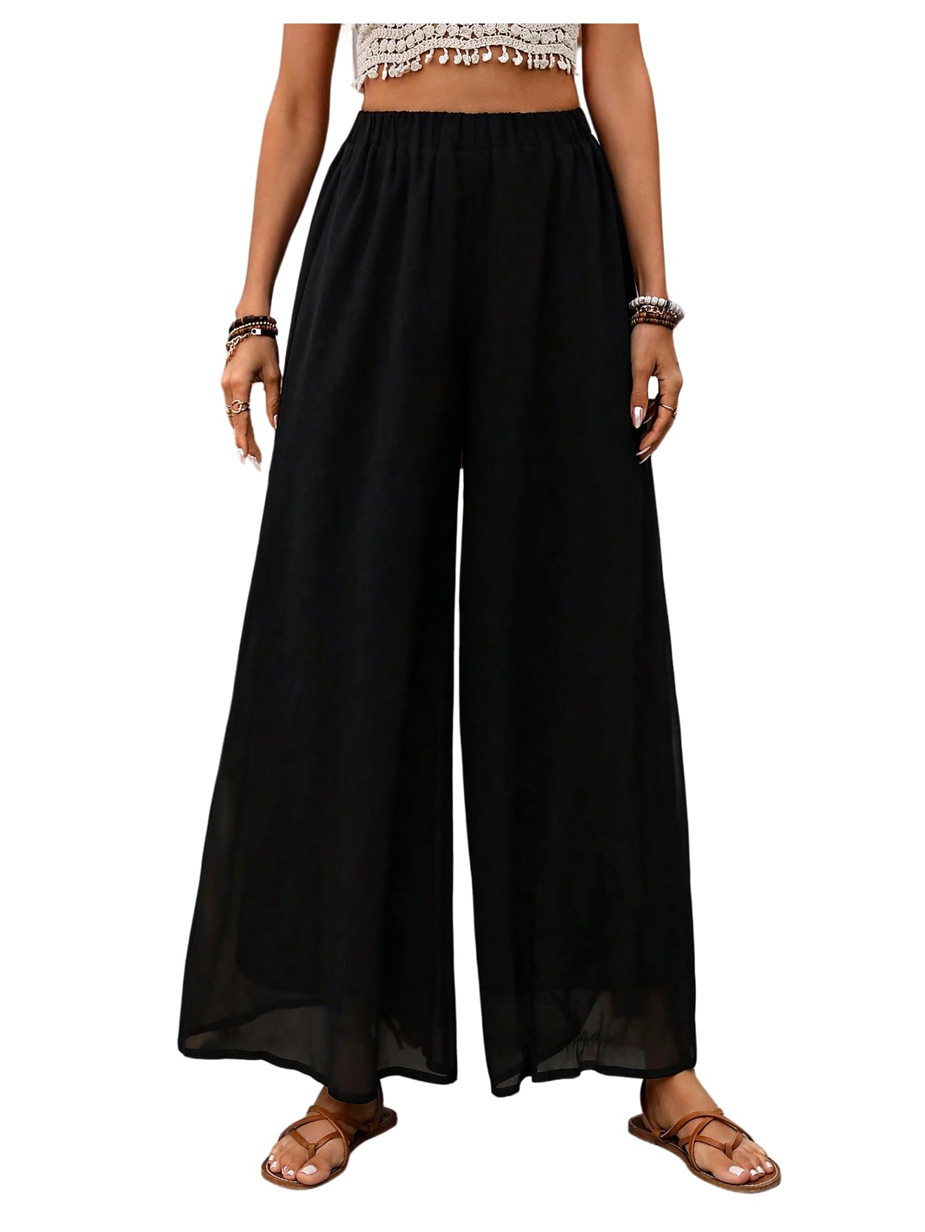 Verdusa Womens Mesh Wide Leg Pants Casual Streetwear Loose Long Trousers