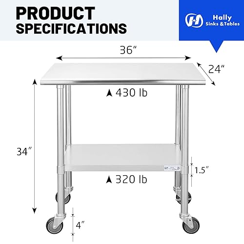 Miniatura 3 de Hally - Mesa de acero inoxidable para preparación y trabajo, 24 x 36 pulgadas, con ruedas giratorias, mesa comercial resistente NSF con estante