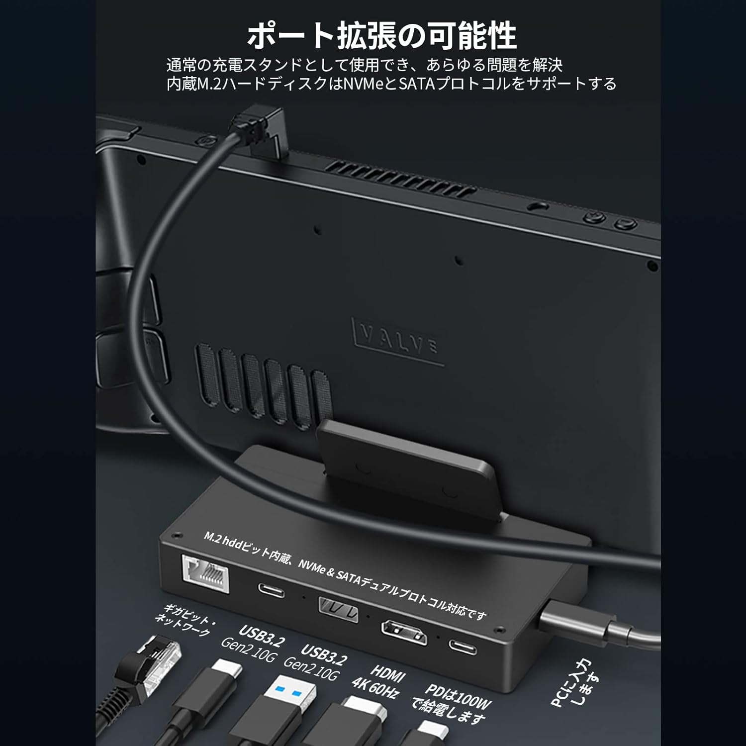Steam Deck Dock Station with Portable NVMe SSD 1TB Aluminum Stand Hub HDMI 4K USB C USB3.2 PD Charger for SteamDeck Console