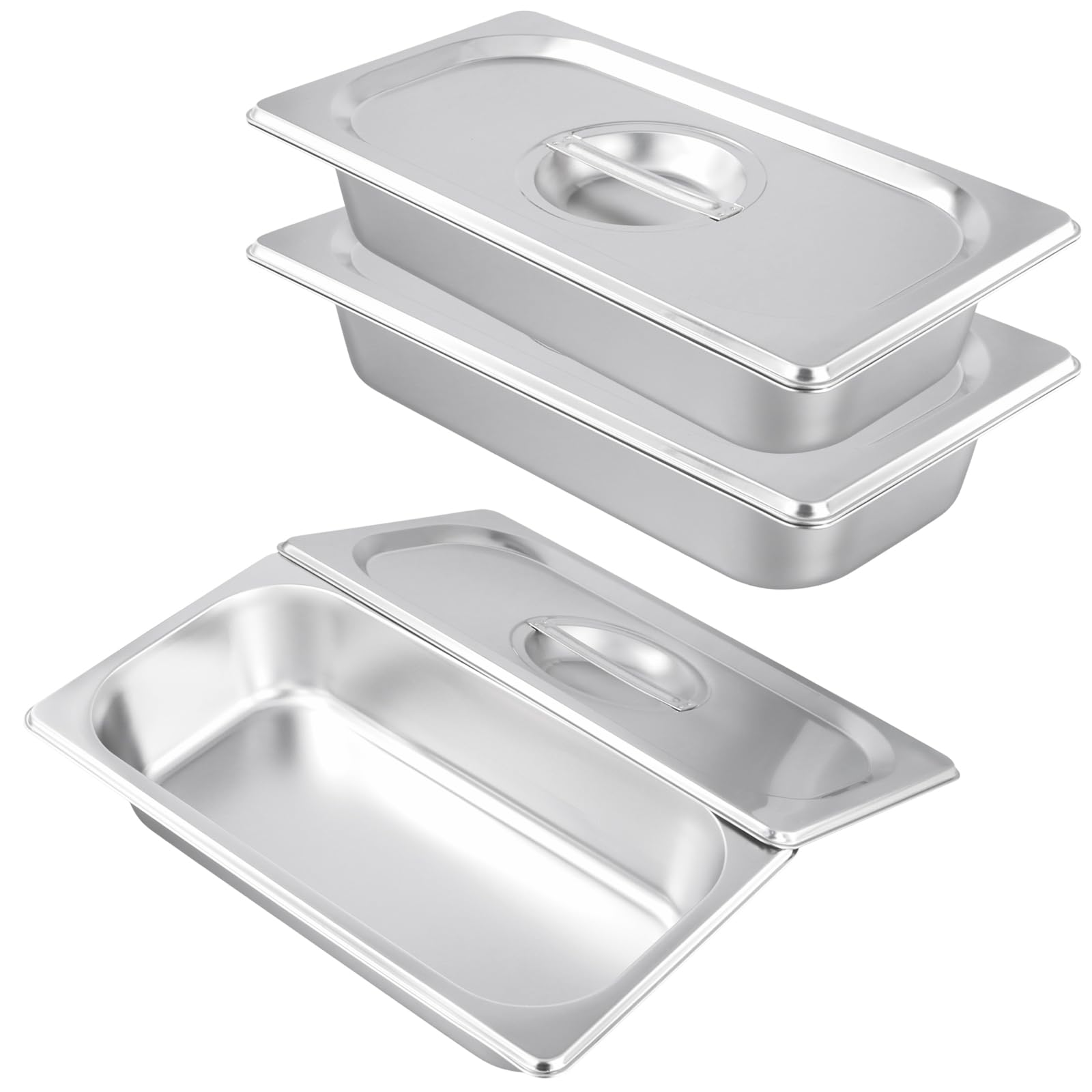 Lot de 3 Bacs Gastronomiques en Inox avec Couvercles - Bac Inox Alimentaire 32,5 x 17,5 x 6,5 cm - Plat Rectangulaire pour Paner, Mariner et Servir - Gastronorm 1/3