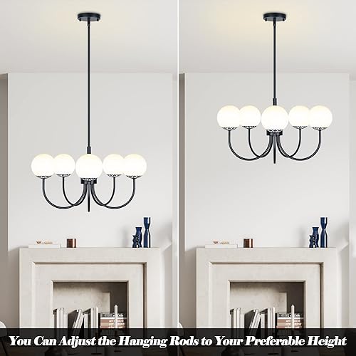 Miniatura 5 de Yolsunes Lámpara colgante de araña negra, lámpara de cocina de 5 luces, moderna de mediados de siglo, lámpara de techo semiempotrada grande con