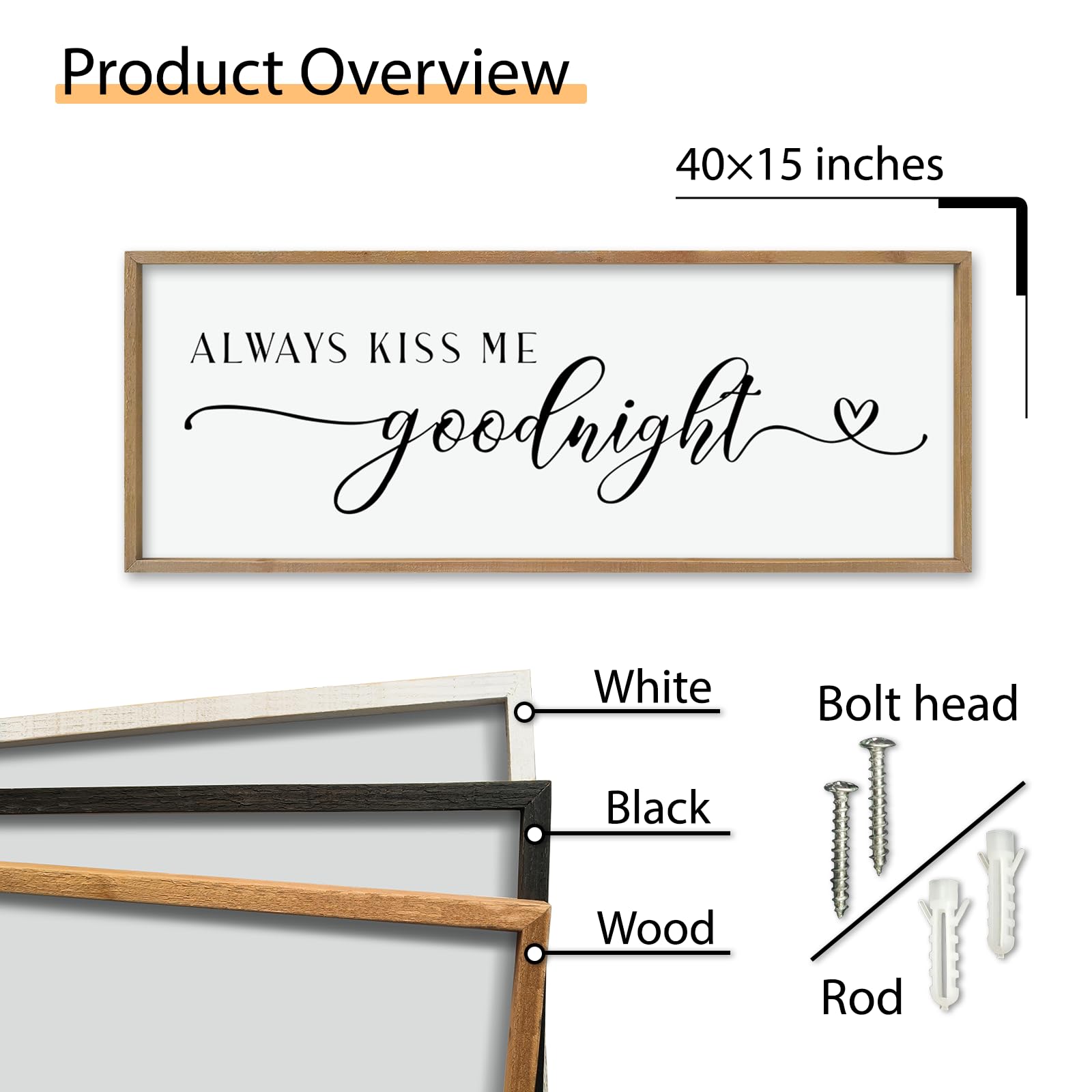 comurdyo Always Kiss Me Goodnight cartello per camera da letto sopra il letto decorazione murale 102 cm x 38 cm cornice in legno grande per coppie sopra il letto arte murale da appendere (legno)