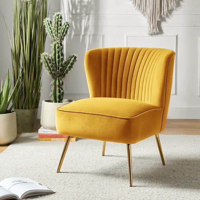 Image of Modern Upholstered Accent Velvet Chair Single Seater Channel Tufted Wing Back Chair with Golden Matel Legs for Living Room, Bedroom, Dining Room, Mustard