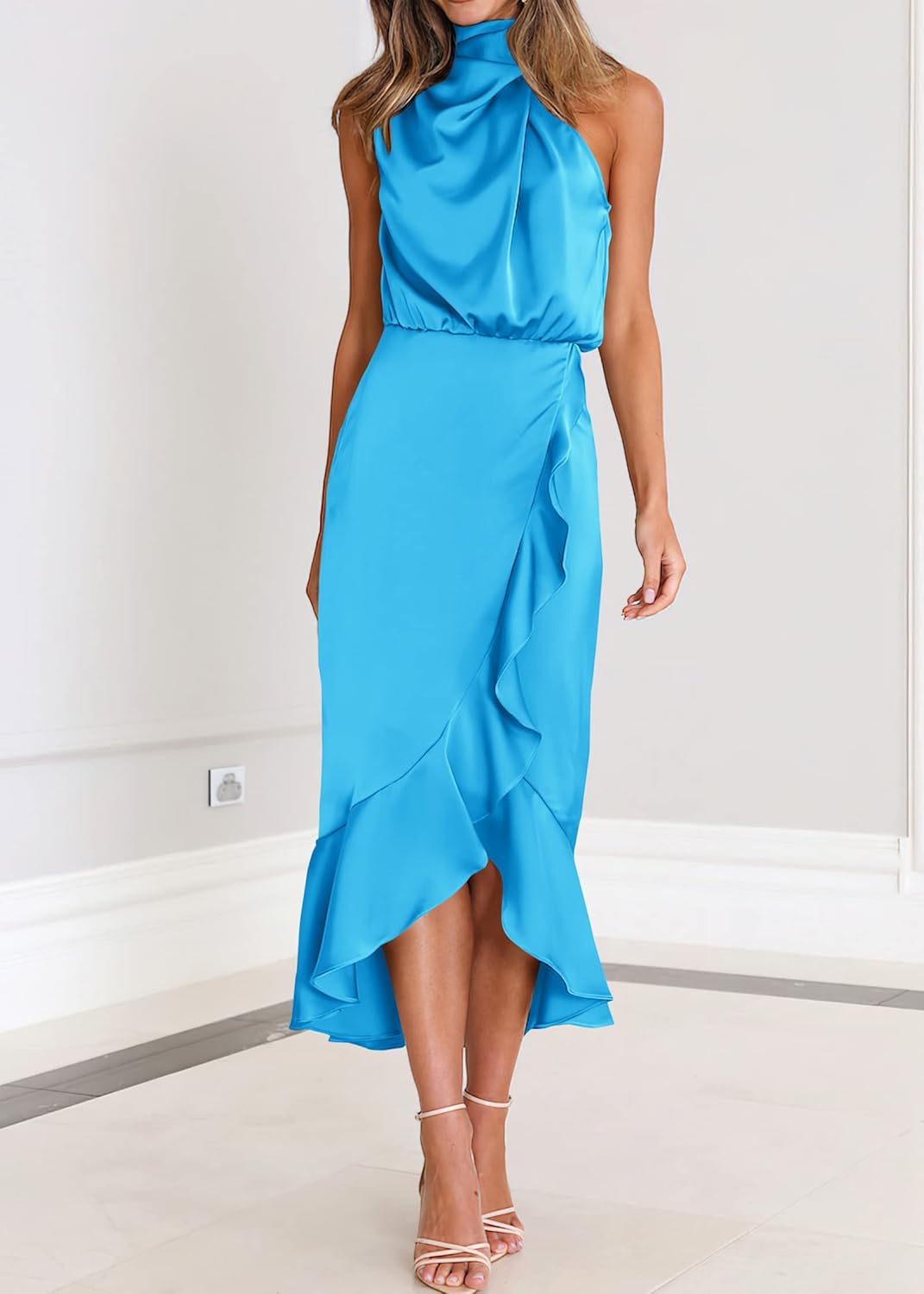 KIRUNDO Women 2026 Spring Summer Satin Mock Neck Wedding Guest Party Cocktail Midi Dress Sleeveless Wrap Ruffle Formal Dress - Image 3