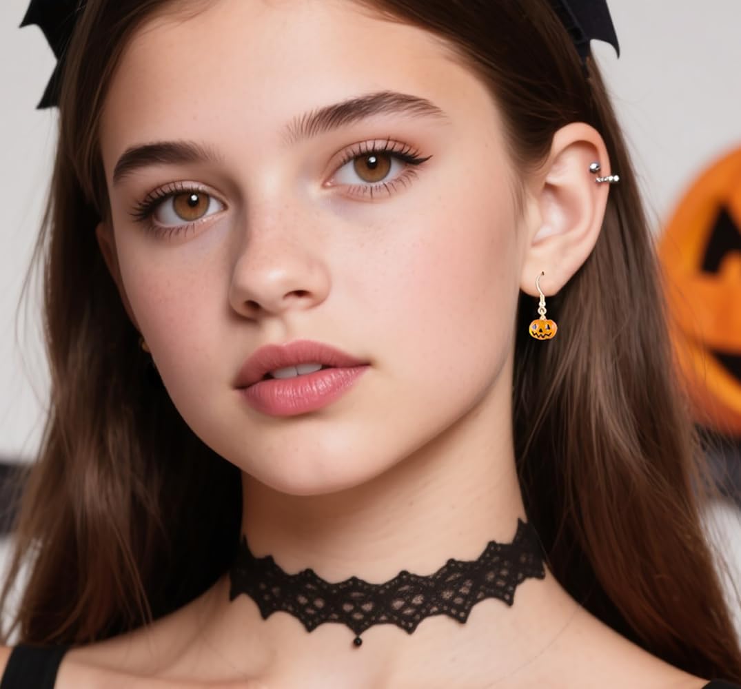 Reffeer Solid 925 Sterling Silver Halloween Pumpkin Drop Earrings for Women Teens Tiny Pumpkin Drop Earrings Hook Studs - Image 2