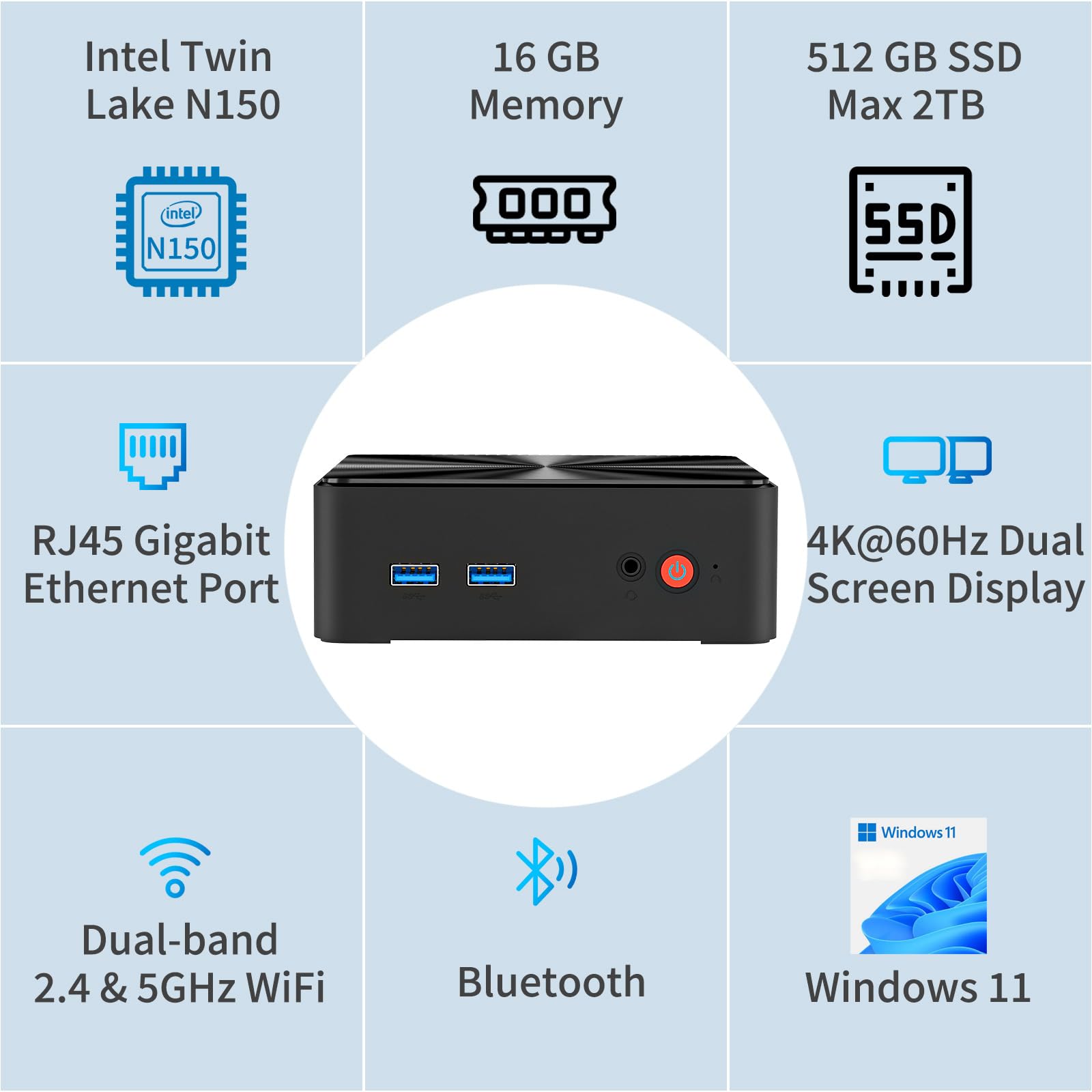 Mini PC, Intel Twin Lake N150 (Upgraded N100, up to 3.6GHz) 16GB